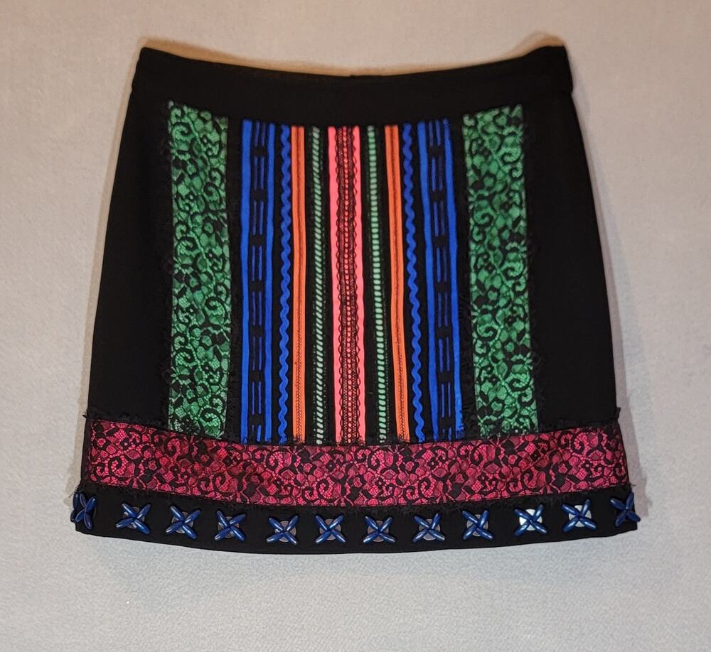 Nanette Lepore Black Multicolor Lace Beaded Miniskirt Size 4